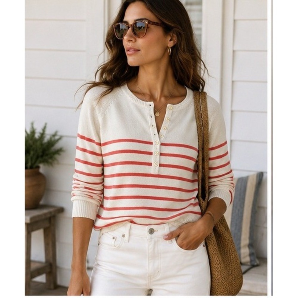 J.McLaughlin Striped Henley Sweater Women Large Coastal Preppy Red White Cotton